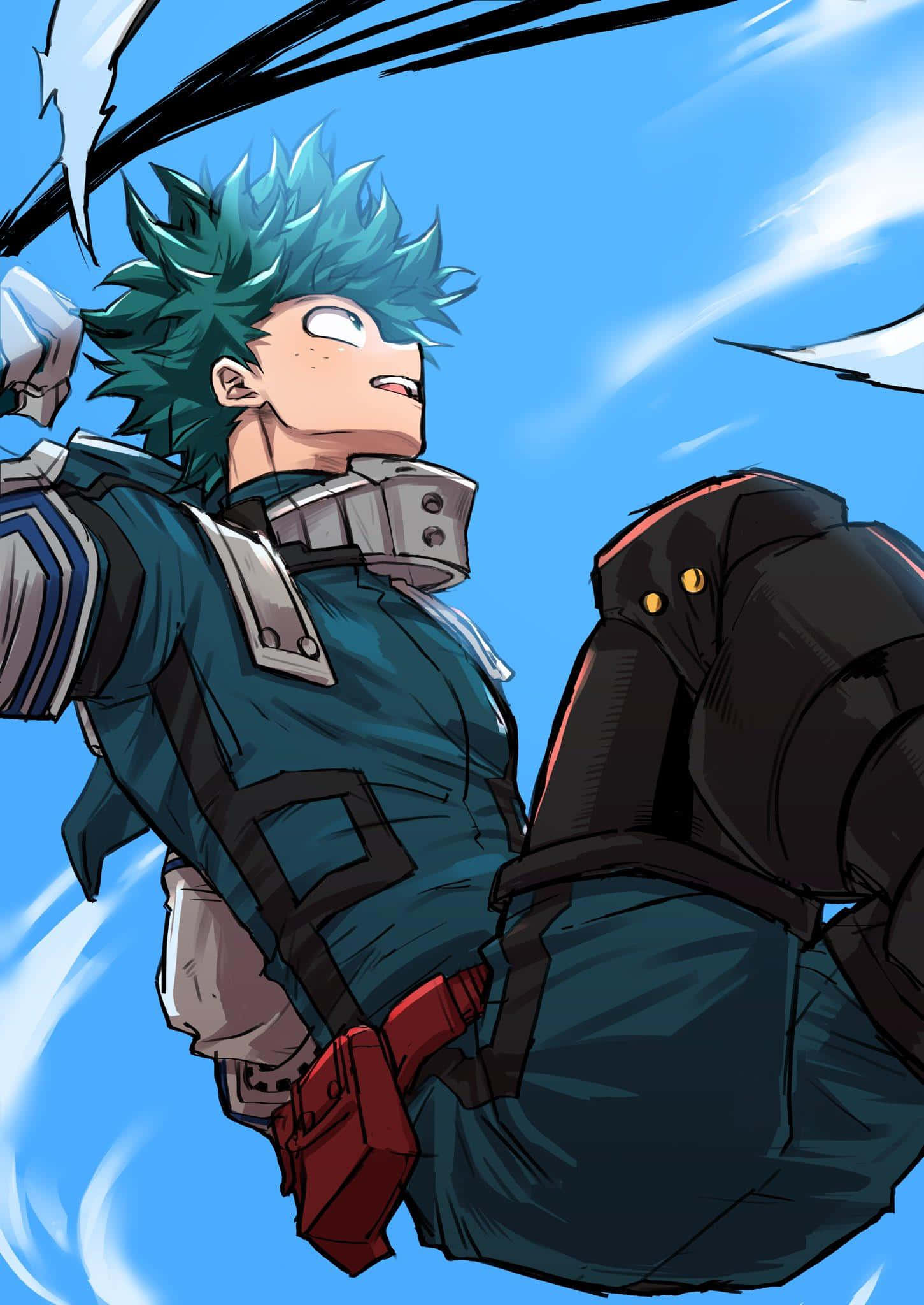 Dark Deku 桌布 壁紙 — 一位充滿動感的動漫英雄，擁有尖刺的藍綠色頭髮和堅定的表情，在明亮的藍天中翱翔，背景是運動線條。