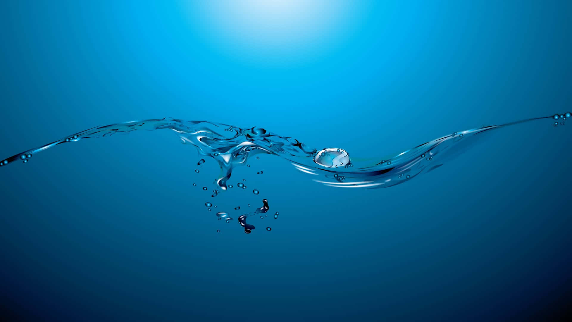  壁紙 — 清澈水流的動態弧線優雅地飛濺在漸變藍色背景上，帶有閃爍的水滴。
