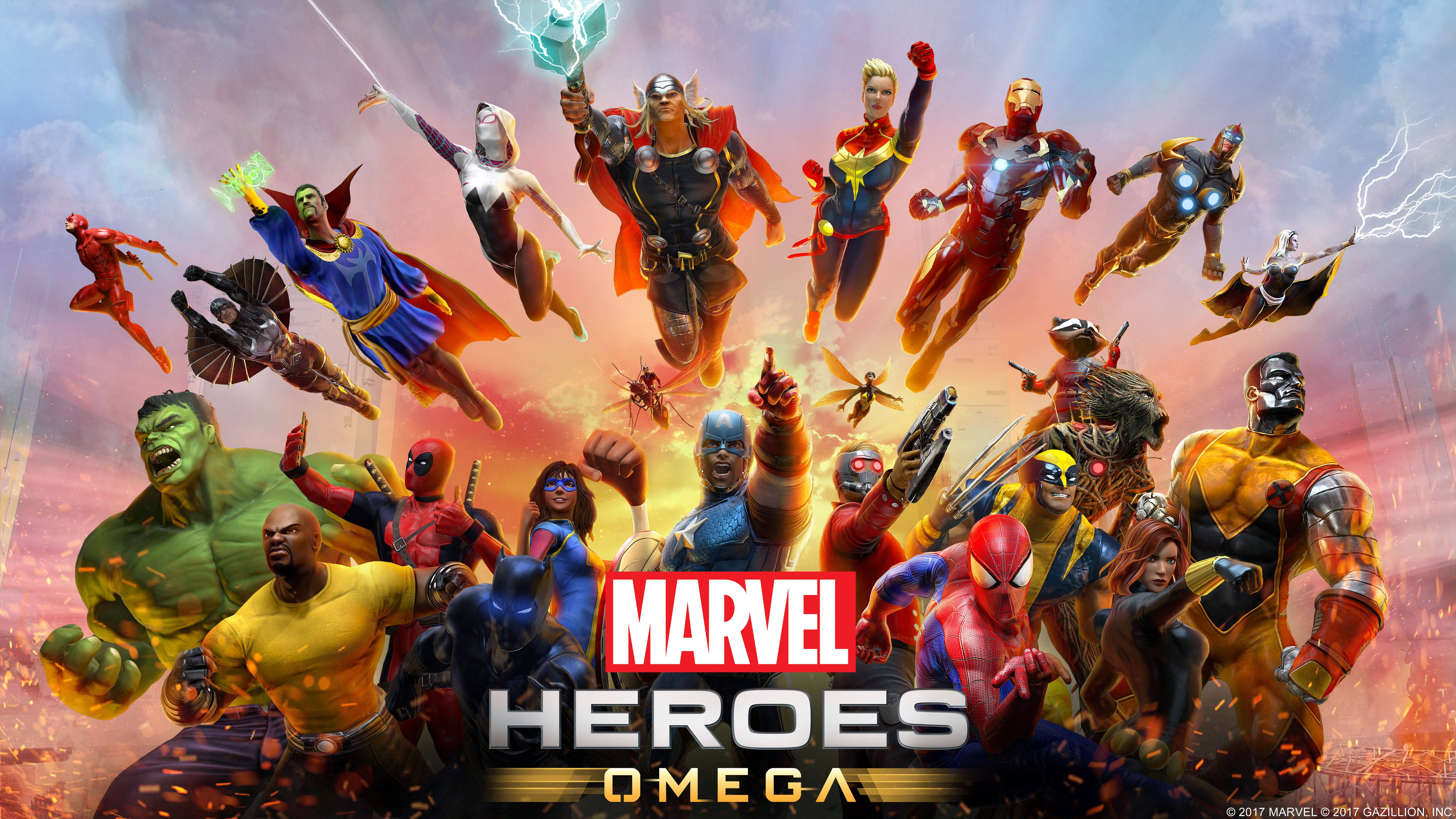 4K Marvel 壁紙 桌布 壁紙 — Marvel 超級英雄與反派在火紅天空中翱翔佇立的動態集合，帶有 Marvel Heroes Omega 標誌。