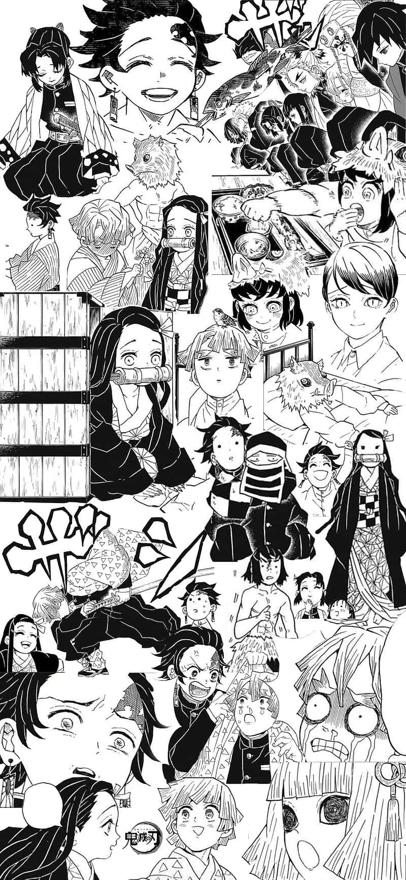  壁紙 — 一張動態黑白拼貼畫，展現《鬼滅之刃》中各種姿勢和情感的表達性動漫角色。