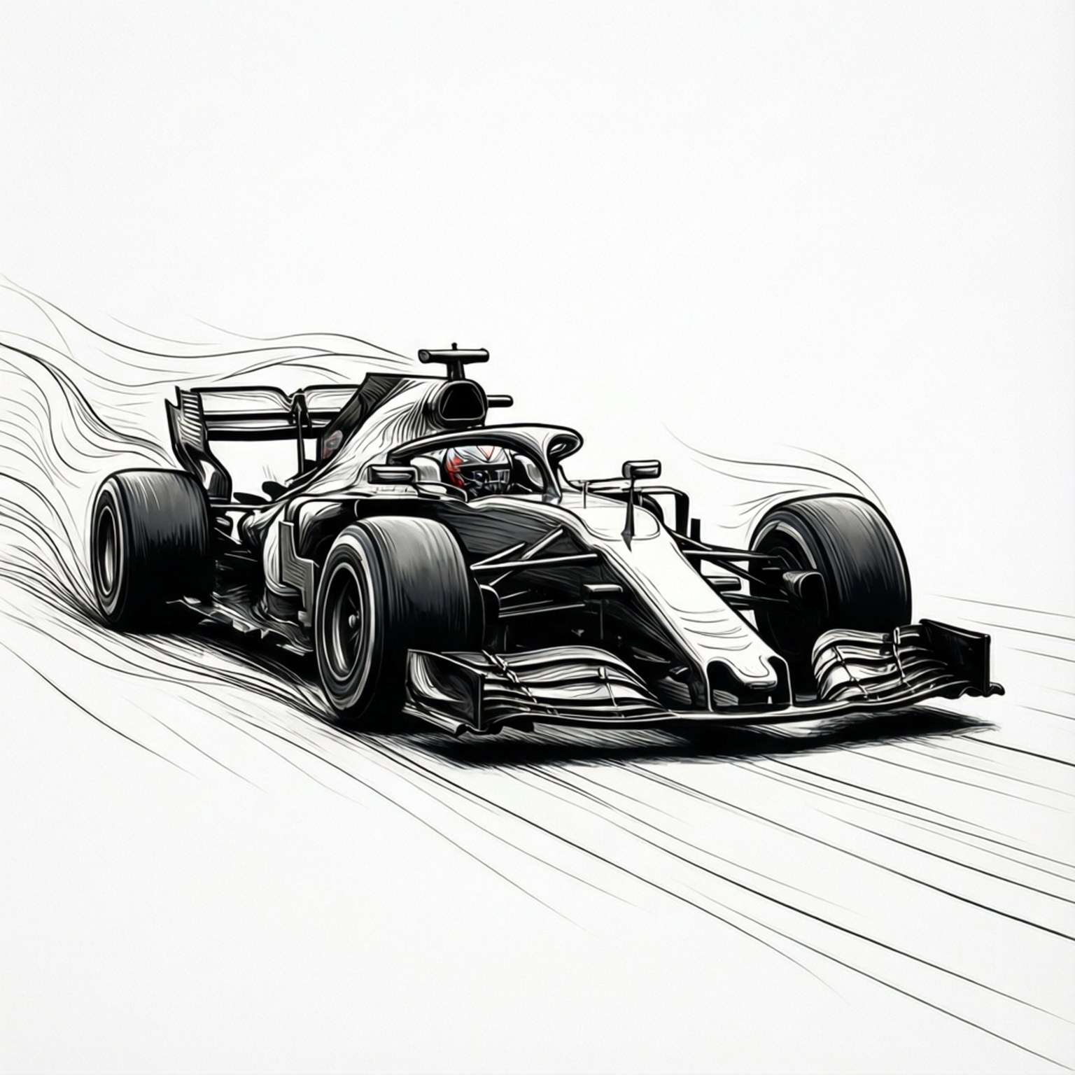 Line Art Speed 壁紙 — 一幅動態黑白線條畫，描繪一級方程式賽車疾馳，身後帶有運動線條。