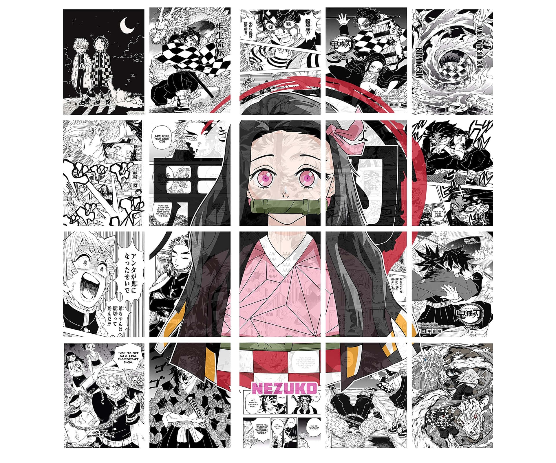  壁紙 — 一幅充滿動感的黑白漫畫拼貼畫，展現《鬼滅之刃》中激烈的動作場面和表情豐富的角色。