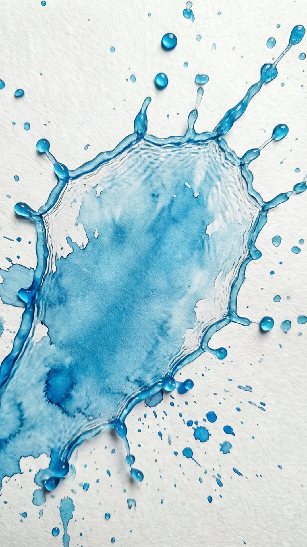 Watercolor Splash 壁紙 — 一個動態的藍色水花在帶有紋理的白色紙張上擴散，水滴在空中凝固。