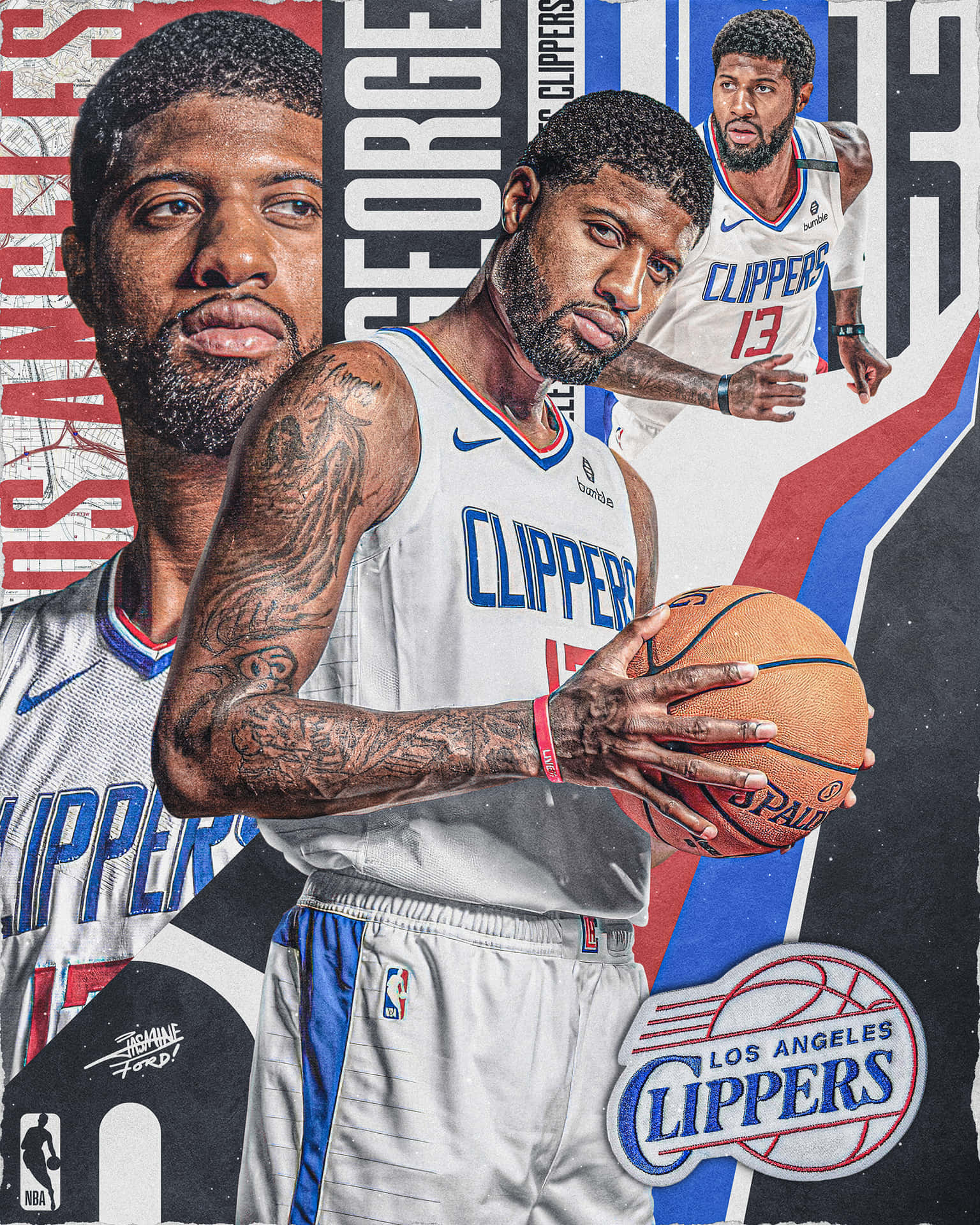 保羅·喬治身穿快艇隊球衣，手持籃球，帶有球隊圖形。 — NBA 壁紙