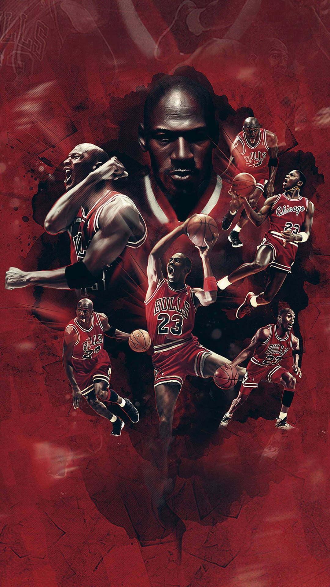 麥可喬丹穿著公牛隊球衣的多種籃球動作姿勢。 — Jordan Logo 壁紙