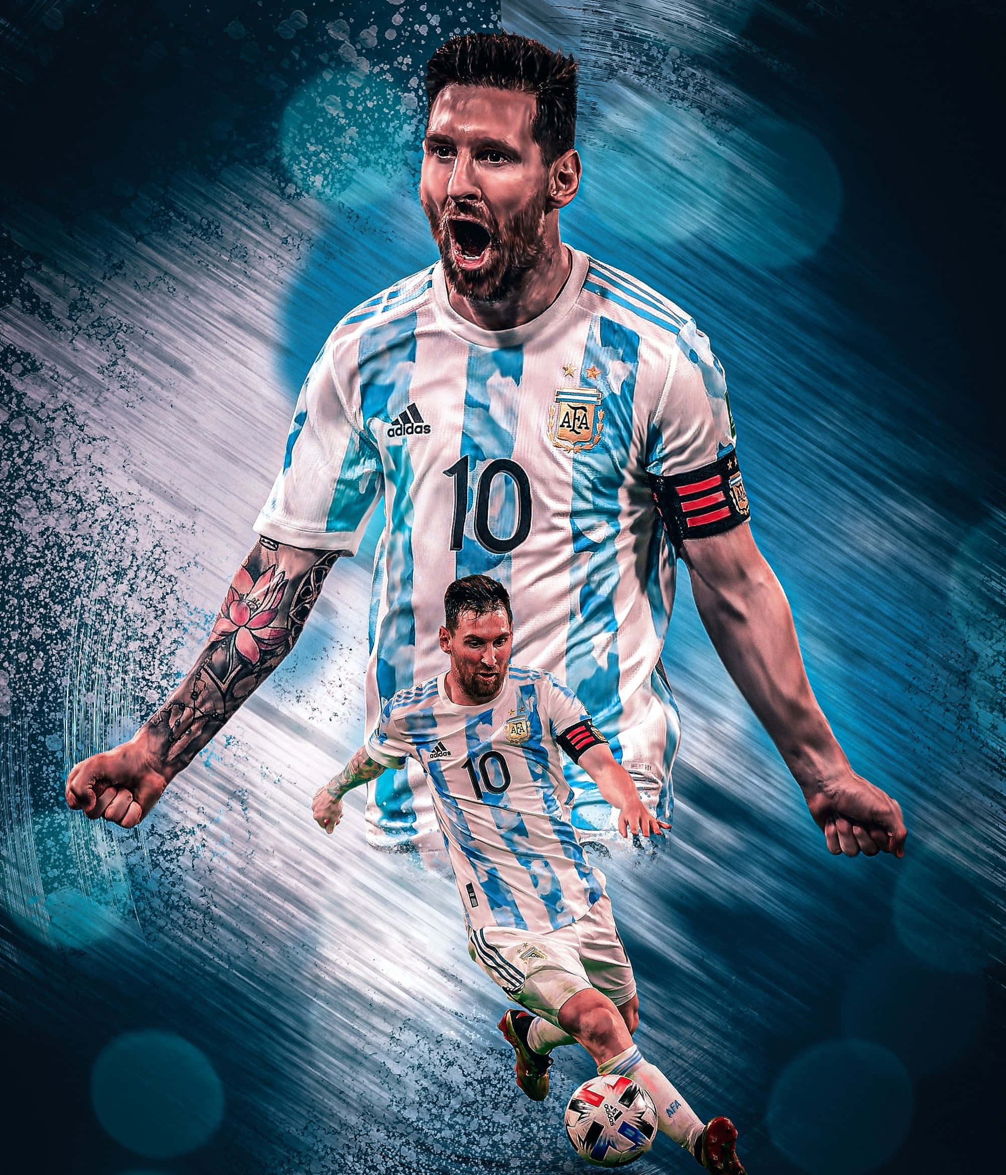 Messi 2022 桌布 壁紙 — 一幅動態數位藝術描繪，展示身穿阿根廷藍白條紋球衣的利昂內爾·梅西，在動態模糊的藍色背景前與足球一同慶祝。