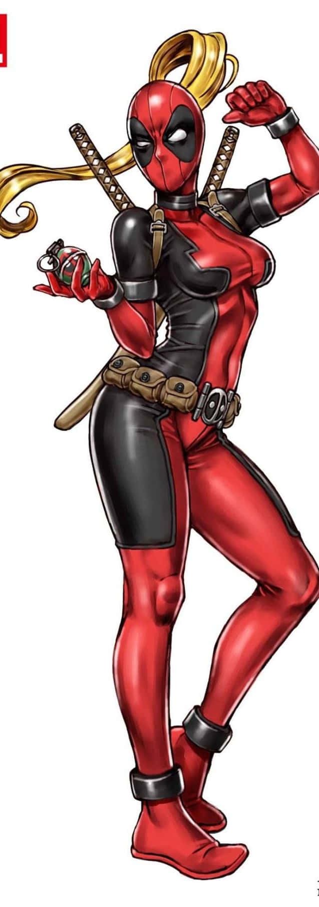 Lady Deadpool 桌布 壁紙 — 一位充滿動感的女死侍，身穿紅黑戰衣，金色馬尾辮，手持雙刀，自信擺姿勢。