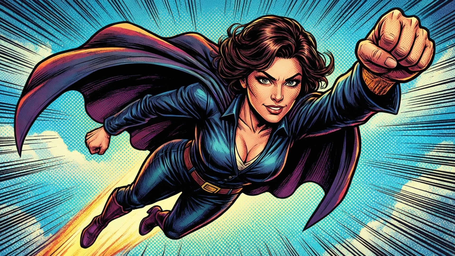 Superhero Boss Lady 壁紙 — 一位身穿藍色緊身衣和紫色斗篷的動感女超級英雄，帶著運動線條和火焰軌跡，翱翔在明亮的藍天中。