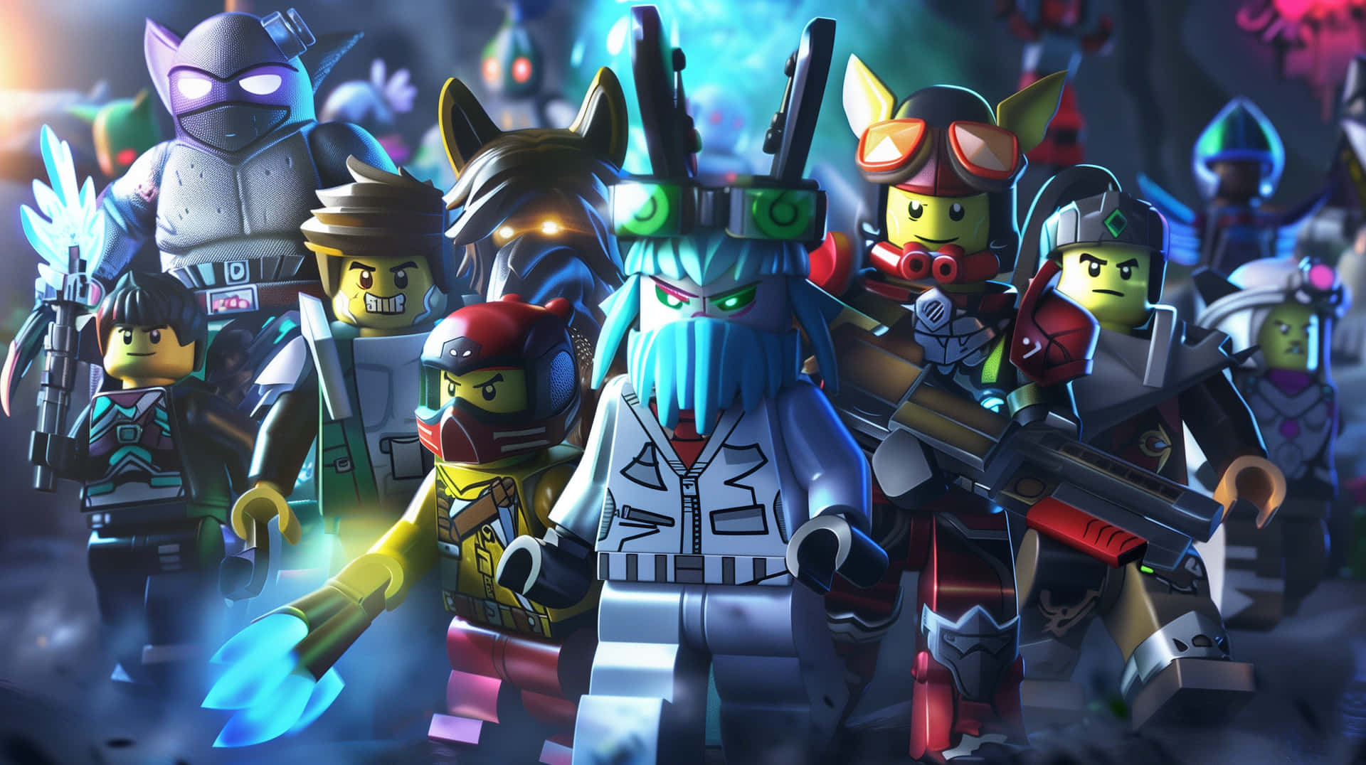 身穿未來裝備、手持發光武器的LEGO Ninjago角色。 — Roblox 壁紙