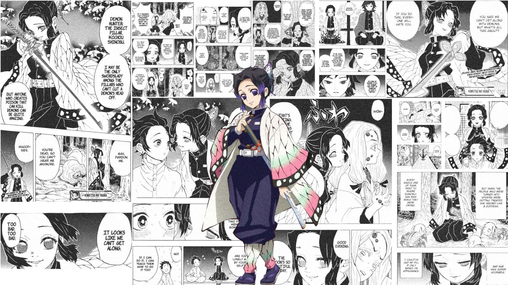  壁紙 — 一個動態漫畫頁面拼貼畫， featuring 動漫角色以戲劇性姿勢呈現，帶有對話氣泡和富有表情的面孔。