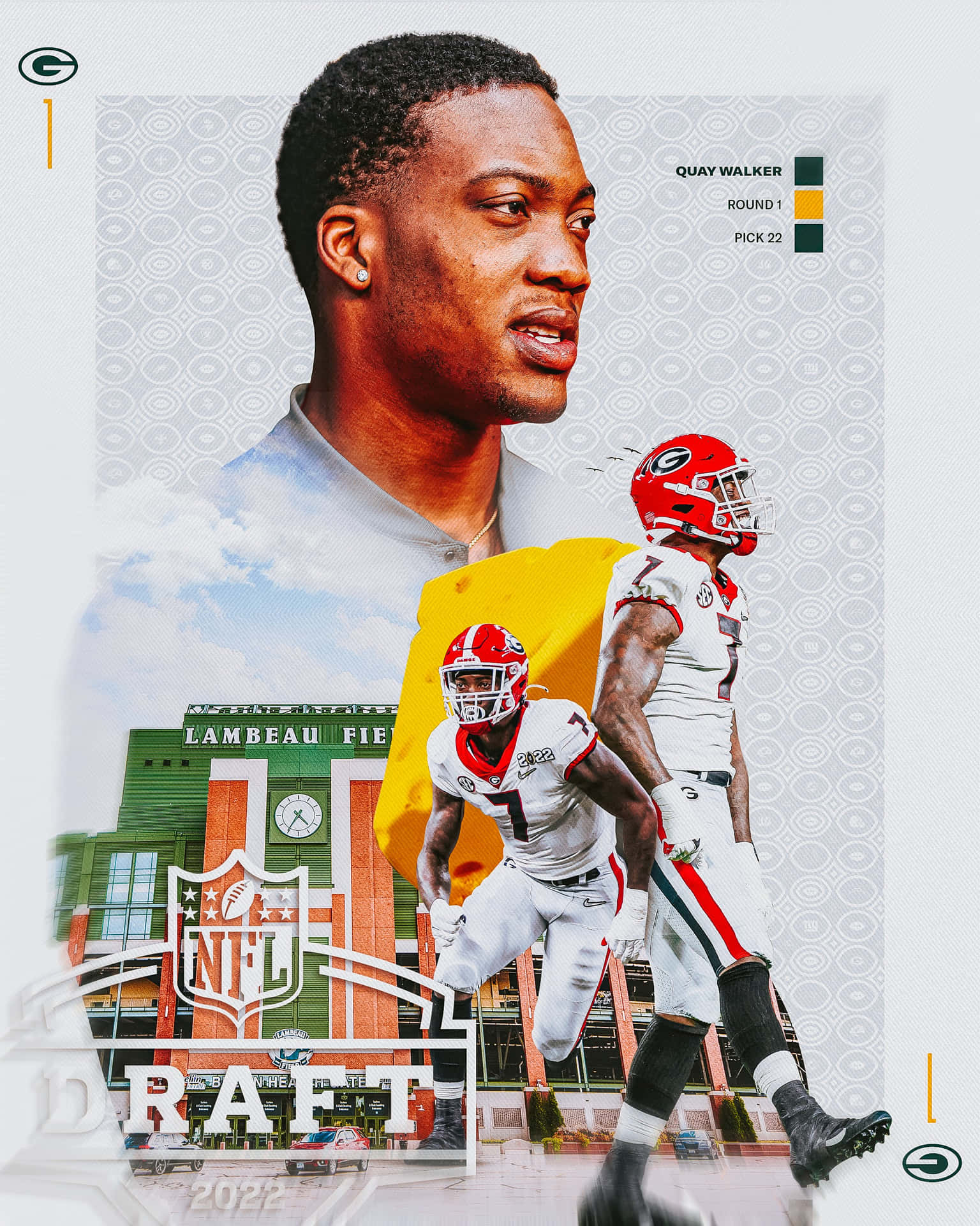  壁紙 — 一張動態的NFL選秀拼貼畫， featuring Quay Walker 身穿綠灣包裝工隊裝備，背景為藍寶球場。