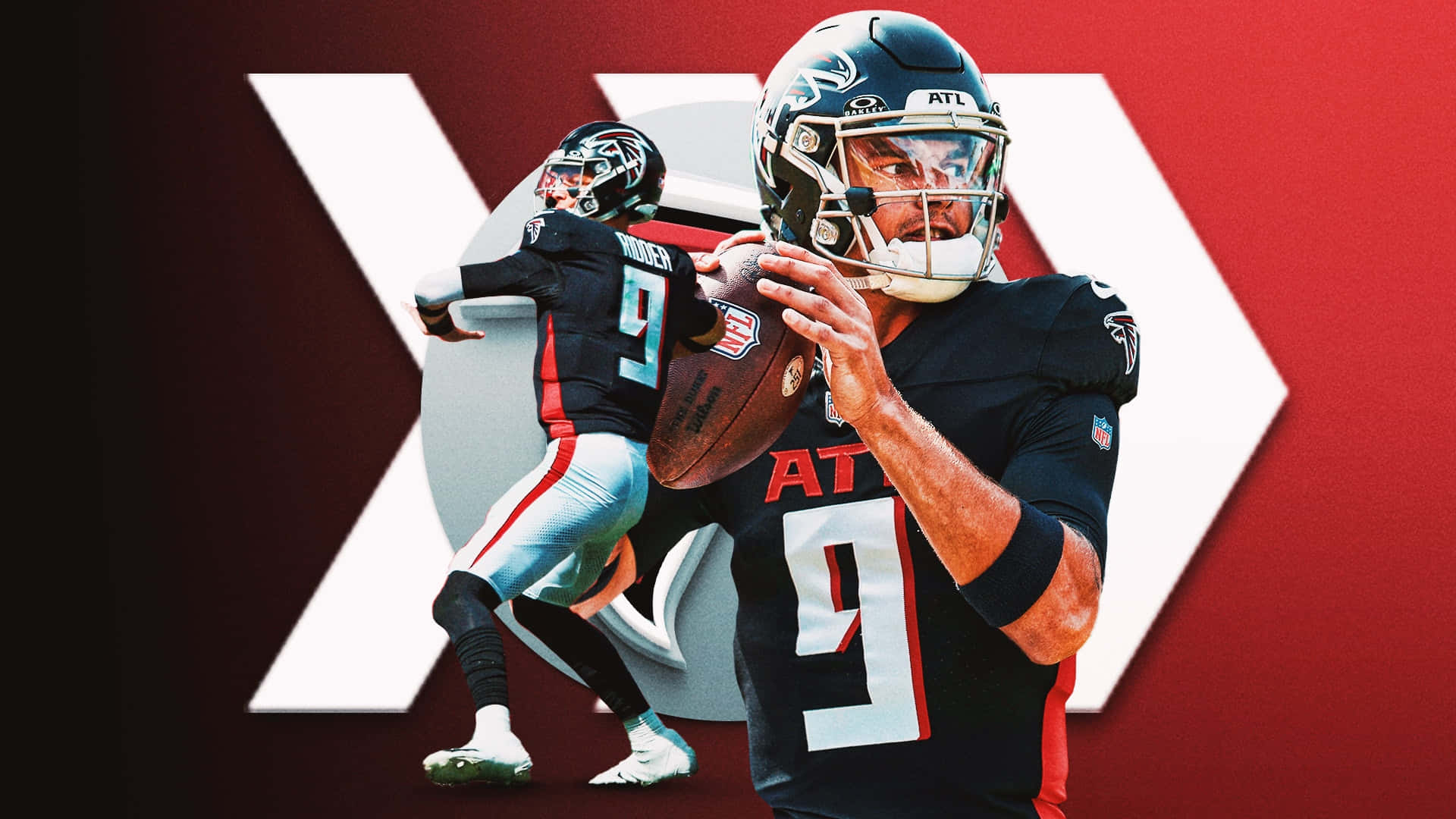  壁紙 — 一位充滿活力的NFL四分衛穿著亞特蘭大獵鷹隊裝備，準備在鮮明的紅白圖形背景前投擲橄欖球。