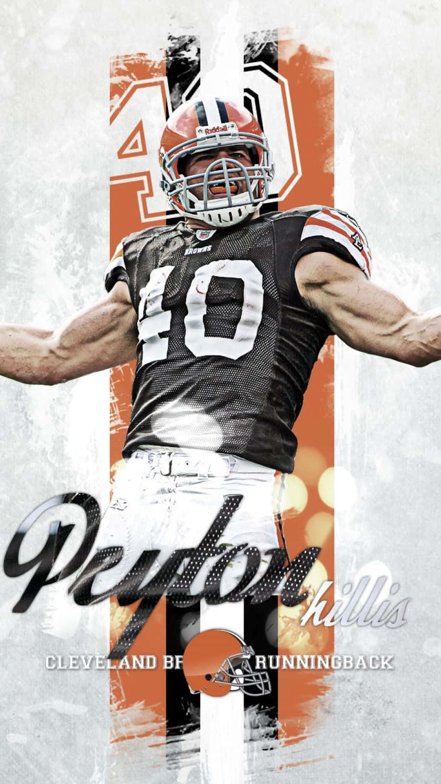  壁紙 — 美式足球員Peyton Hillis身穿克里夫蘭布朗隊球衣，雙臂伸展，在風格化的橙色和灰色背景前充滿動感的肖像。