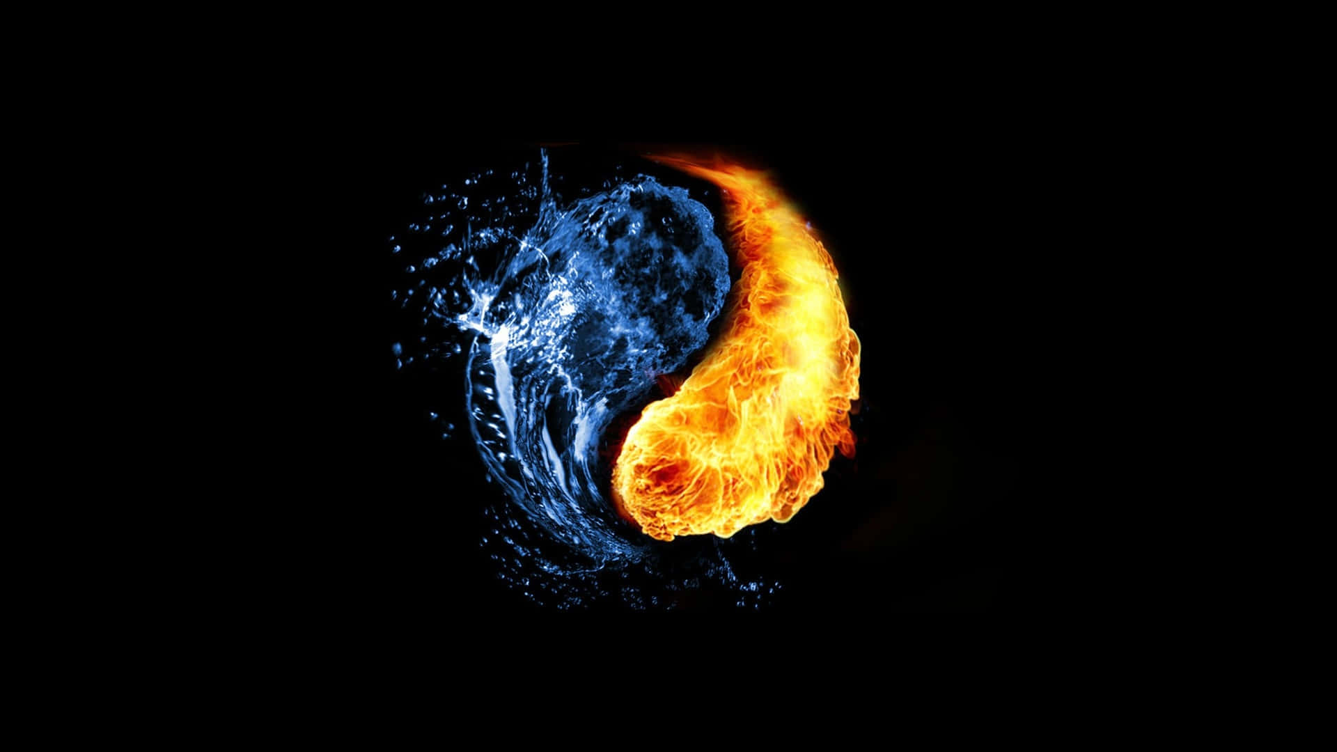  壁紙 — 一個動態的太極符號，左側有藍色水旋轉，右側有橙色火焰在黑色虛空中燃燒。