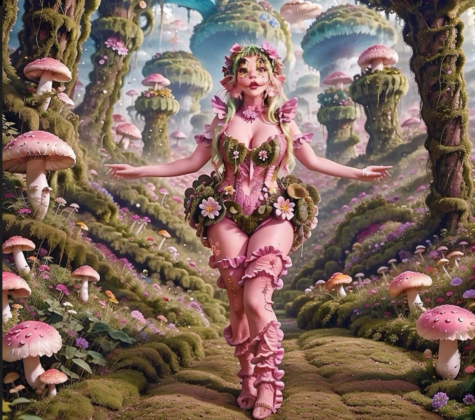 壁紙 — 一位身穿粉紅色荷葉邊服飾、頭戴花冠的精靈在夢幻般的森林中，於巨型蘑菇和長滿苔蘚的樹木間翩翩起舞。