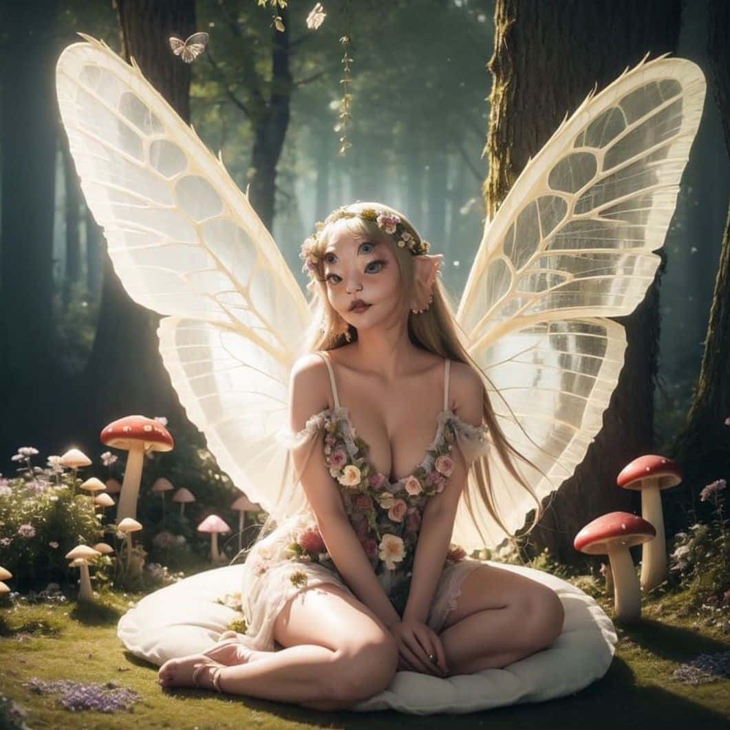  壁紙 — 一位擁有半透明翅膀和花卉連衣裙的精靈，在陽光明媚的森林中，坐在蘑菇和蝴蝶環繞的墊子上，神情寧靜。