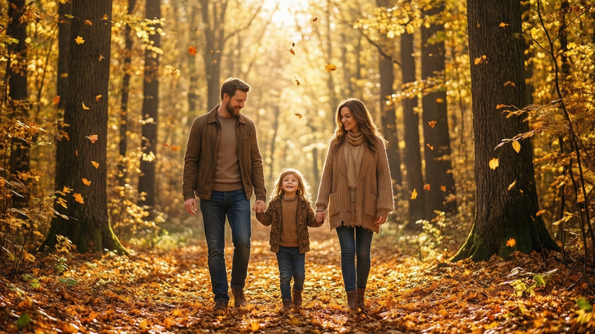 Autumn Family Stroll 壁紙 — 一家三口手牽手走過陽光明媚的秋日森林，金色樹葉在他們周圍盤旋。