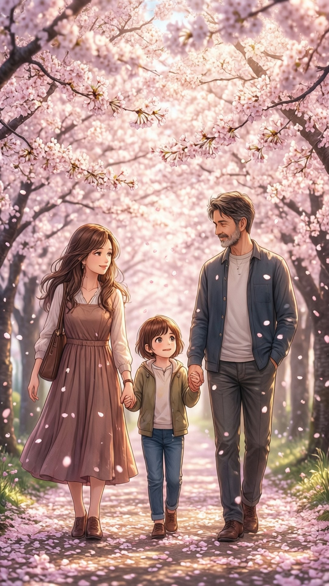 Cherry Blossom Stroll 壁紙 — 一個三口之家手牽手走在盛開的粉紅色櫻花樹冠下，花瓣飄落。