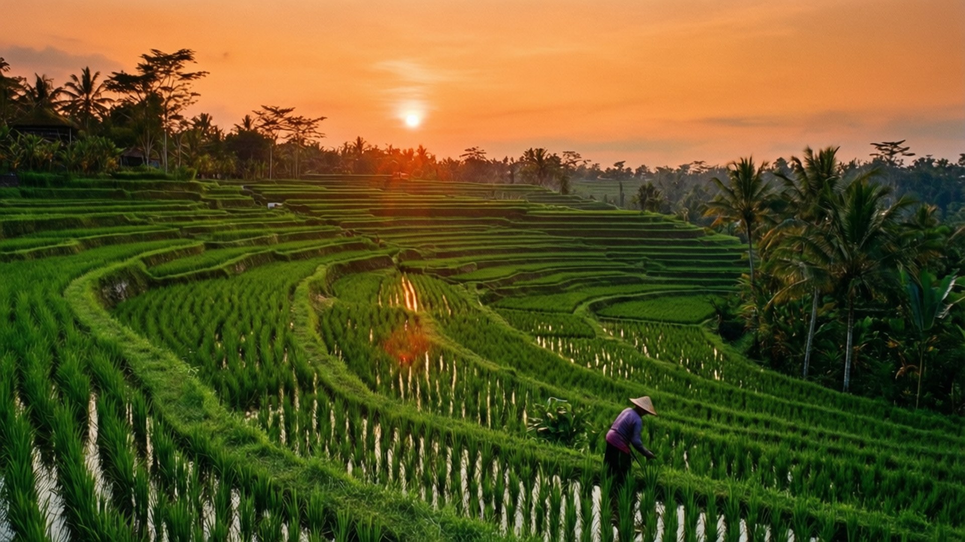 Bali Rice Terrace Sunset 壁紙 — 農夫在火熱的橙色日落和遠處棕櫚樹的剪影下，照料著充滿活力的綠色水稻梯田。