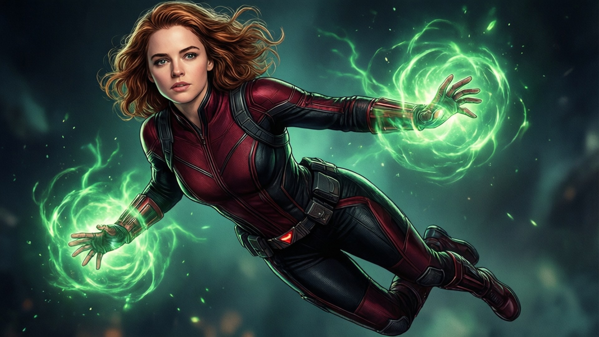 Jean Grey Phoenix 壁紙 — 一位身穿紅黑色套裝的女性超級英雄在半空中漂浮，伸出的雙手形成發光的綠色能量球。