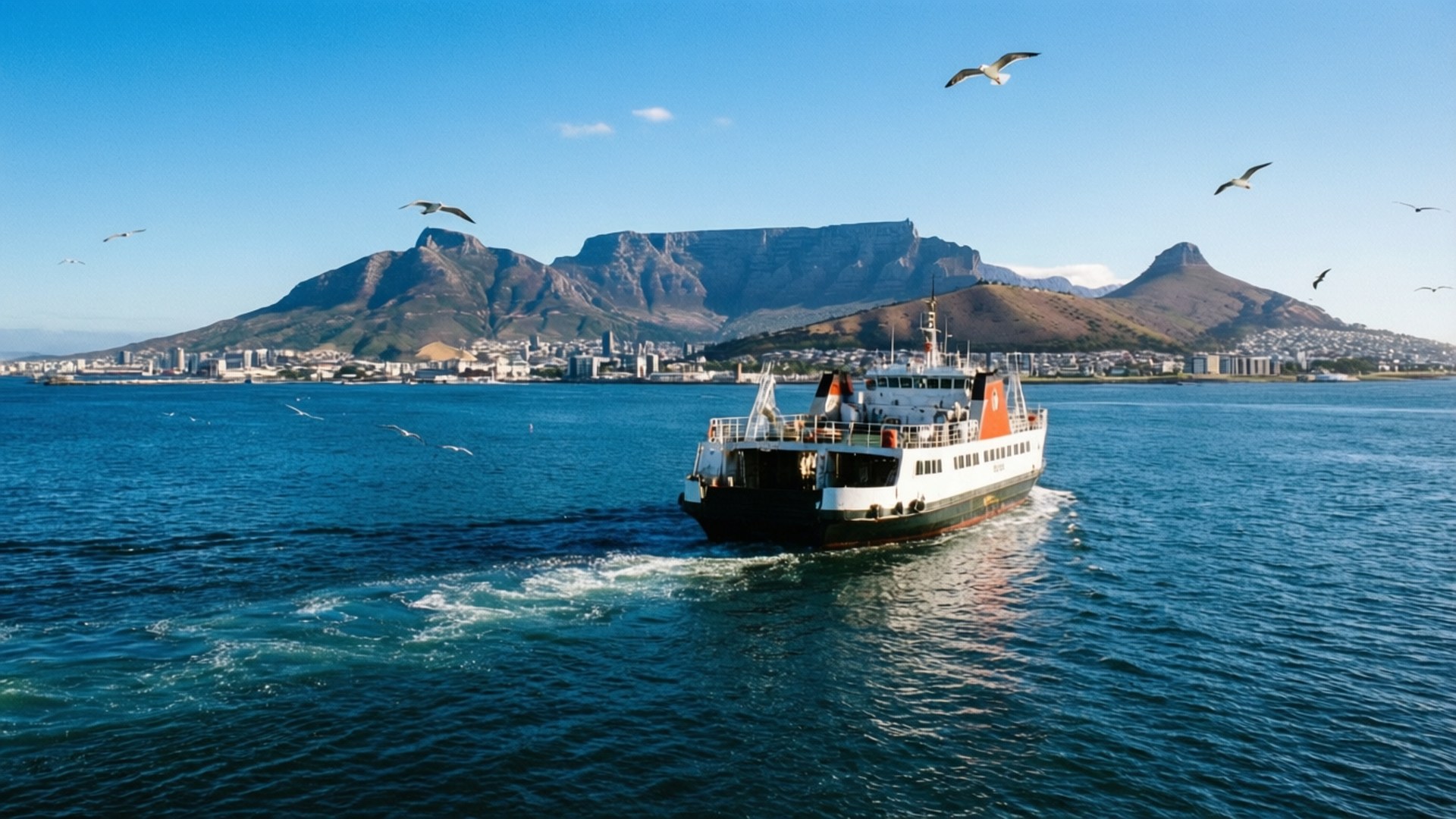 Robben Island Ferry 壁紙 — 一艘渡輪在深藍色水域中航行，背景是桌山和城市景觀，天空晴朗，海鷗飛翔。