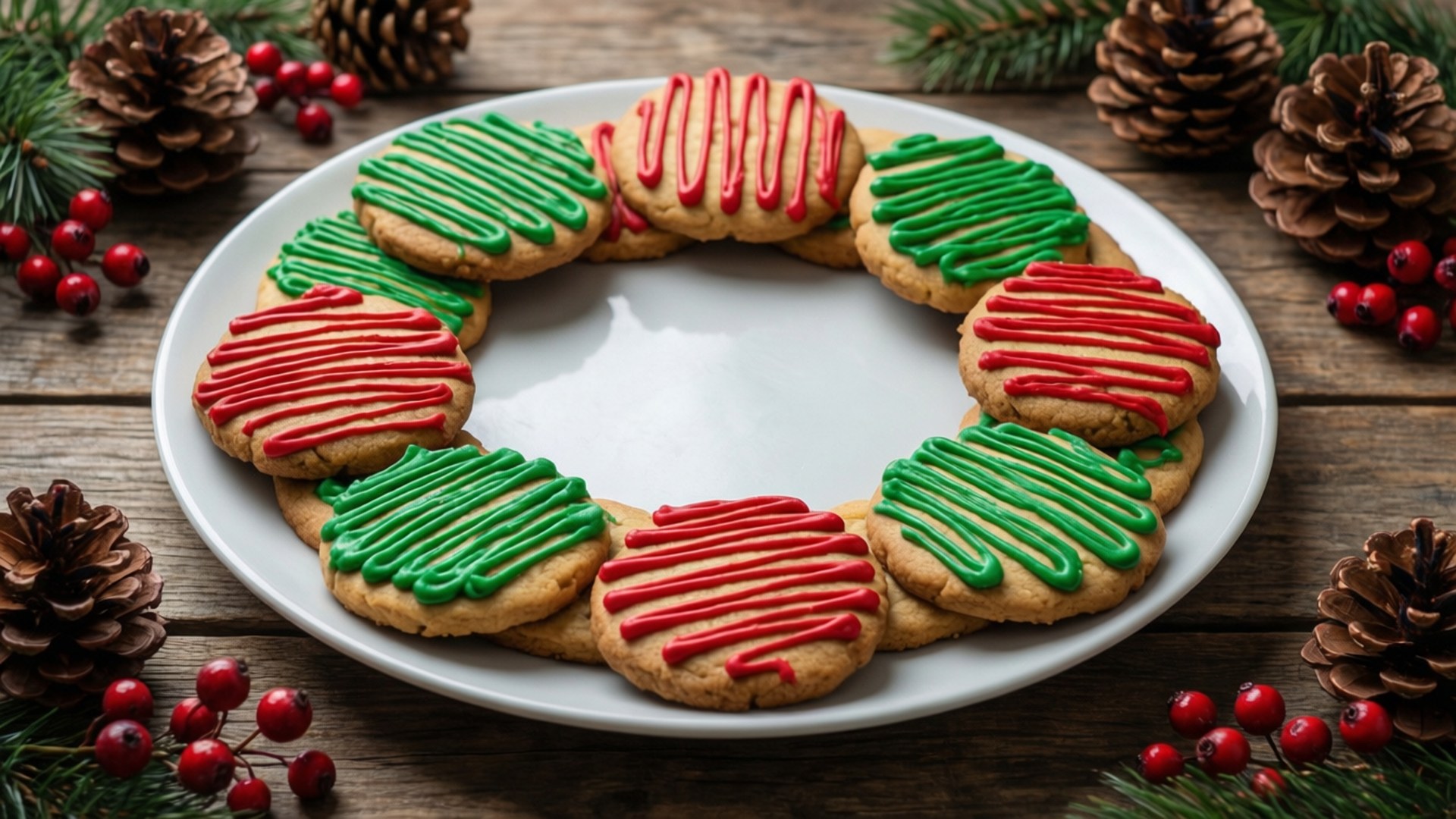 Cookie Wreath 壁紙 — 一個由薑餅餅乾製成的節日花環，帶有紅色和綠色糖霜，放在一個白色盤子上，周圍環繞著松果和冬青漿果。