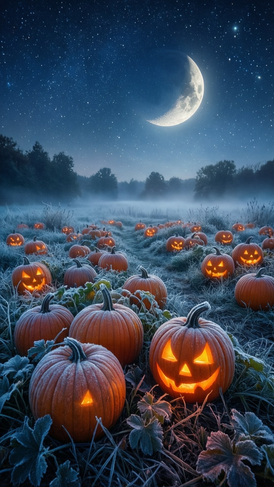 Enchanted Pumpkin Night 壁紙 — 新月和星空下閃爍的南瓜燈田野。