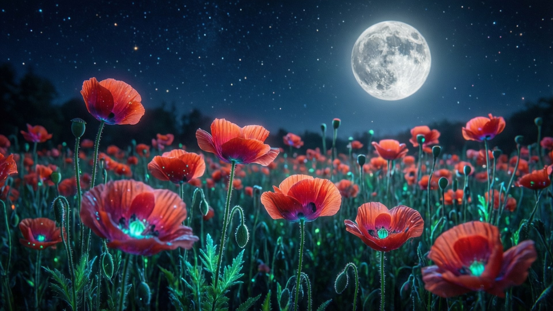 Starry Poppy Night 壁紙 — 在滿月下，星空夜空中帶有暗色樹影的發光紅色罌粟花田。