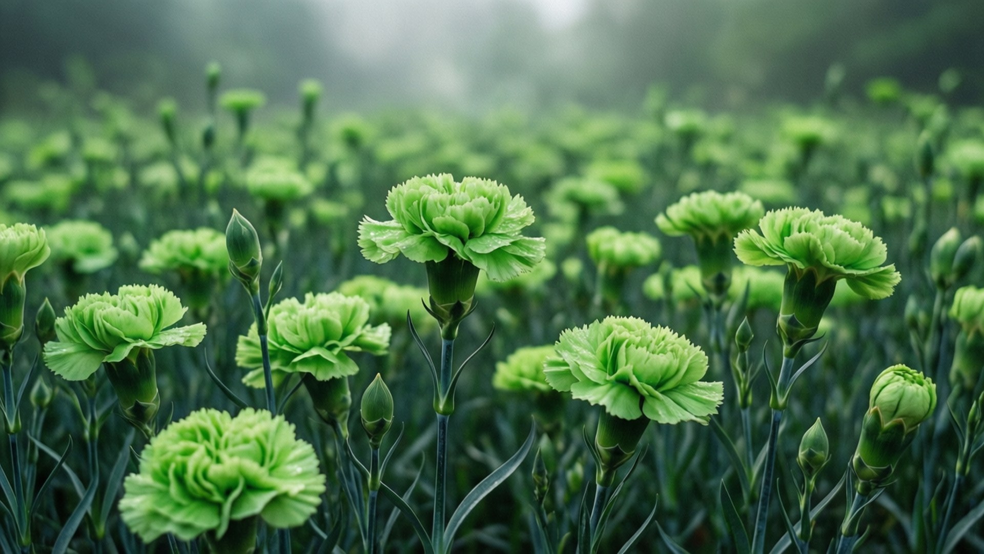 Green Carnations Dreamy 壁紙 — 一片充滿活力的綠色康乃馨盛開，背景有柔和薄霧，營造出寧靜的自然景象。