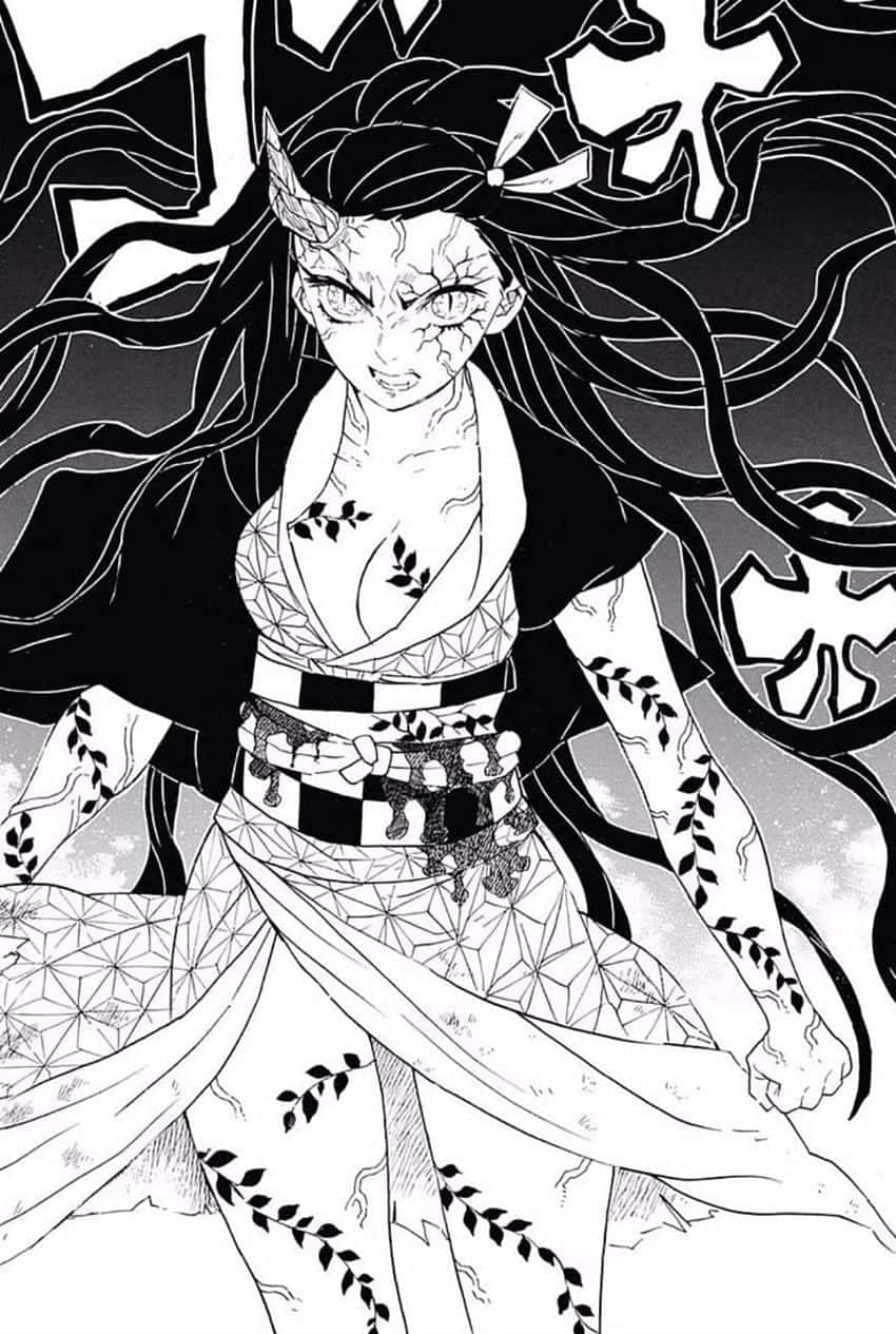  壁紙 — 一個兇猛的動漫惡魔少女，長頭髮，和服上有葉子圖案，站在旋轉的黑白背景前。