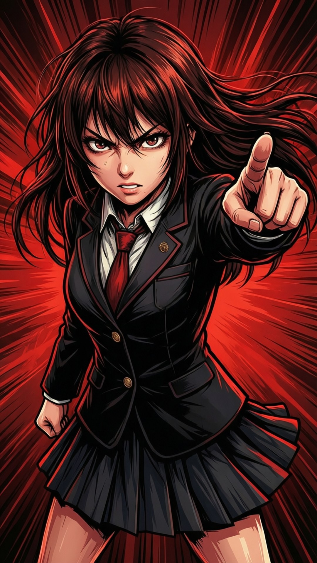 Strong President 壁紙 — 一個穿著黑色校服的兇猛動漫女孩，在放射性的紅色背景下直接指向觀眾。