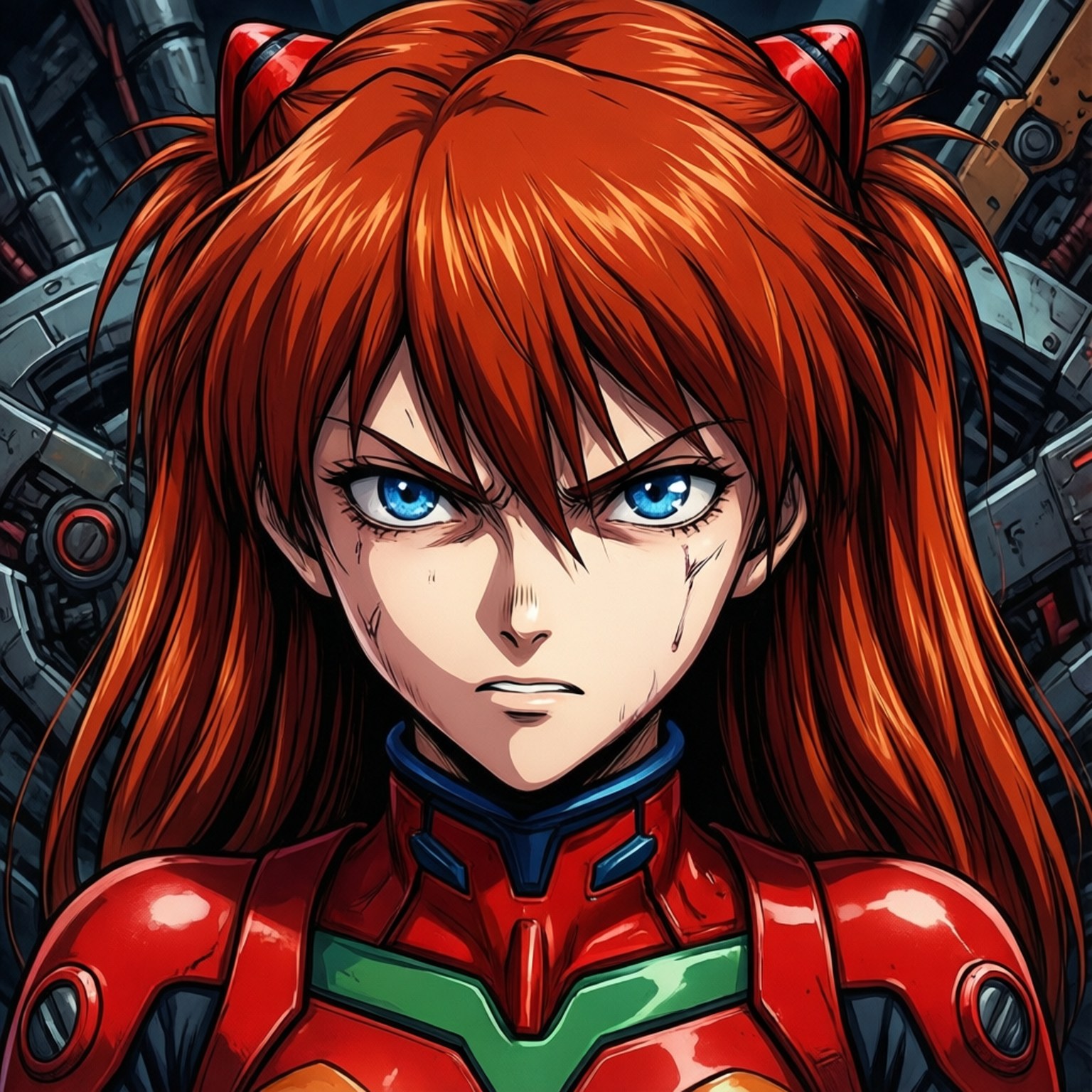 Asuka's Fierce Scowl 壁紙 — 一個兇猛的動漫女孩，擁有火紅的頭髮和銳利的藍色眼睛，穿著紅色和綠色的裝甲服，在機械背景下強烈地凝視。