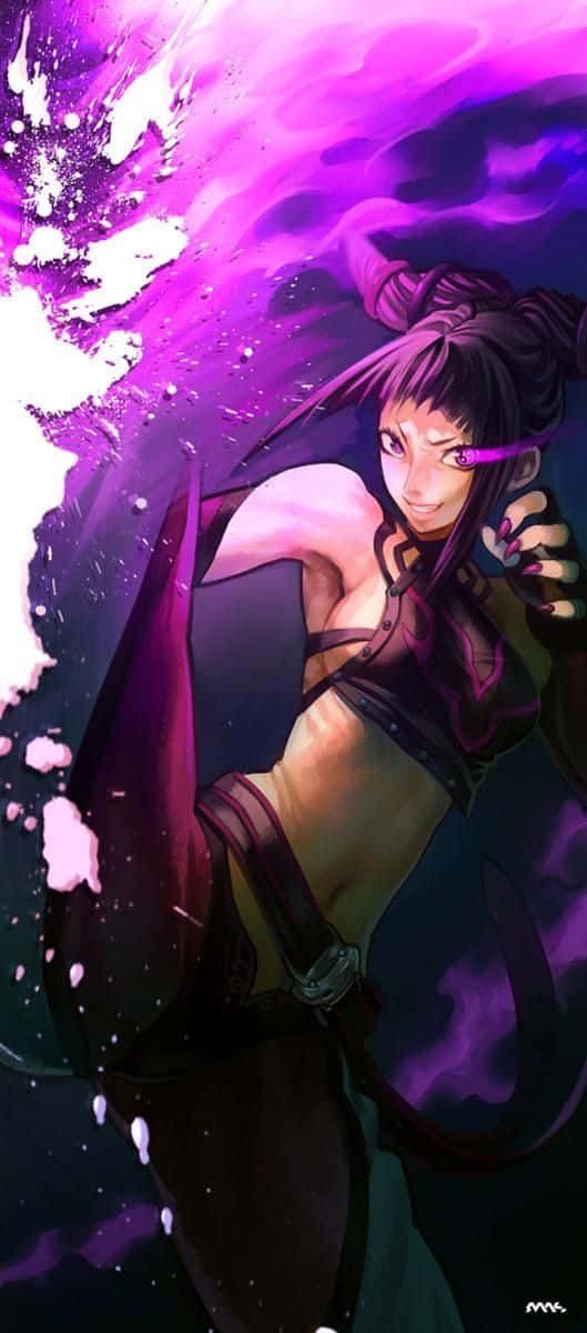  壁紙 — 一位擁有紫色頭髮和發光眼睛的兇猛動漫女孩，以動態動作姿勢引導爆炸性的紫色能量。