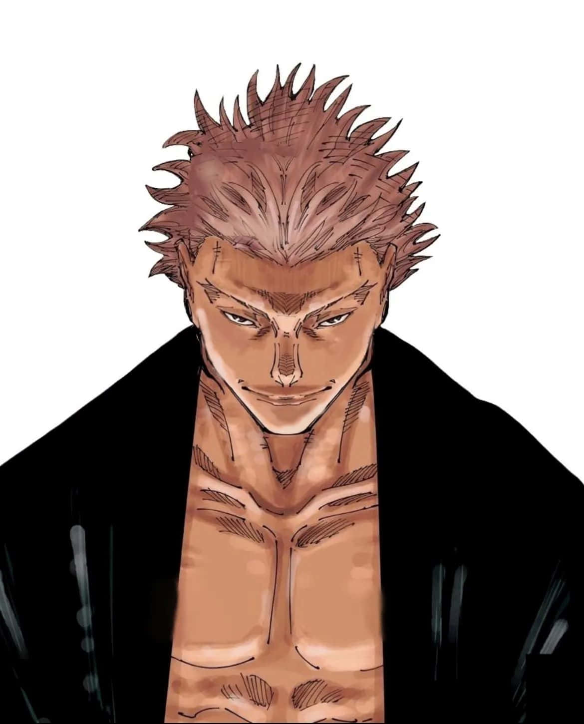  壁紙 — 一個兇猛的動漫男人，擁有尖刺的棕色頭髮和刺青，從白色背景中強烈凝視。