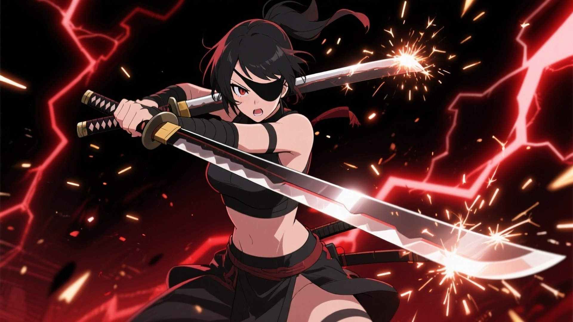 One-Eyed Blades 壁紙 — 一個兇猛的動漫女忍者在黑暗背景下，在紅色閃電和火花中揮舞著兩把發光的劍。