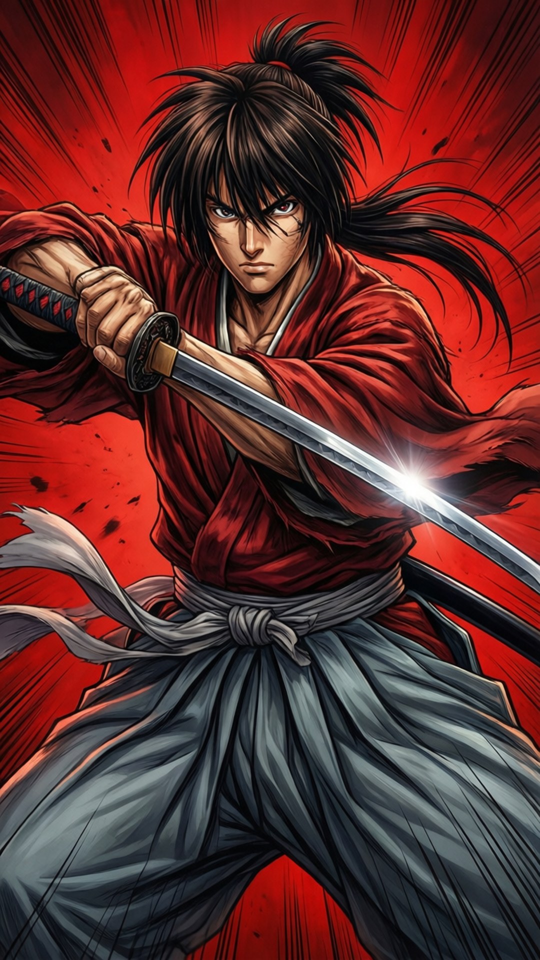 Battle Stance 壁紙 — 一個兇猛的動漫武士，身穿紅色長袍和灰色袴，握著一把閃閃發光的武士刀，背景是爆炸性的紅色。