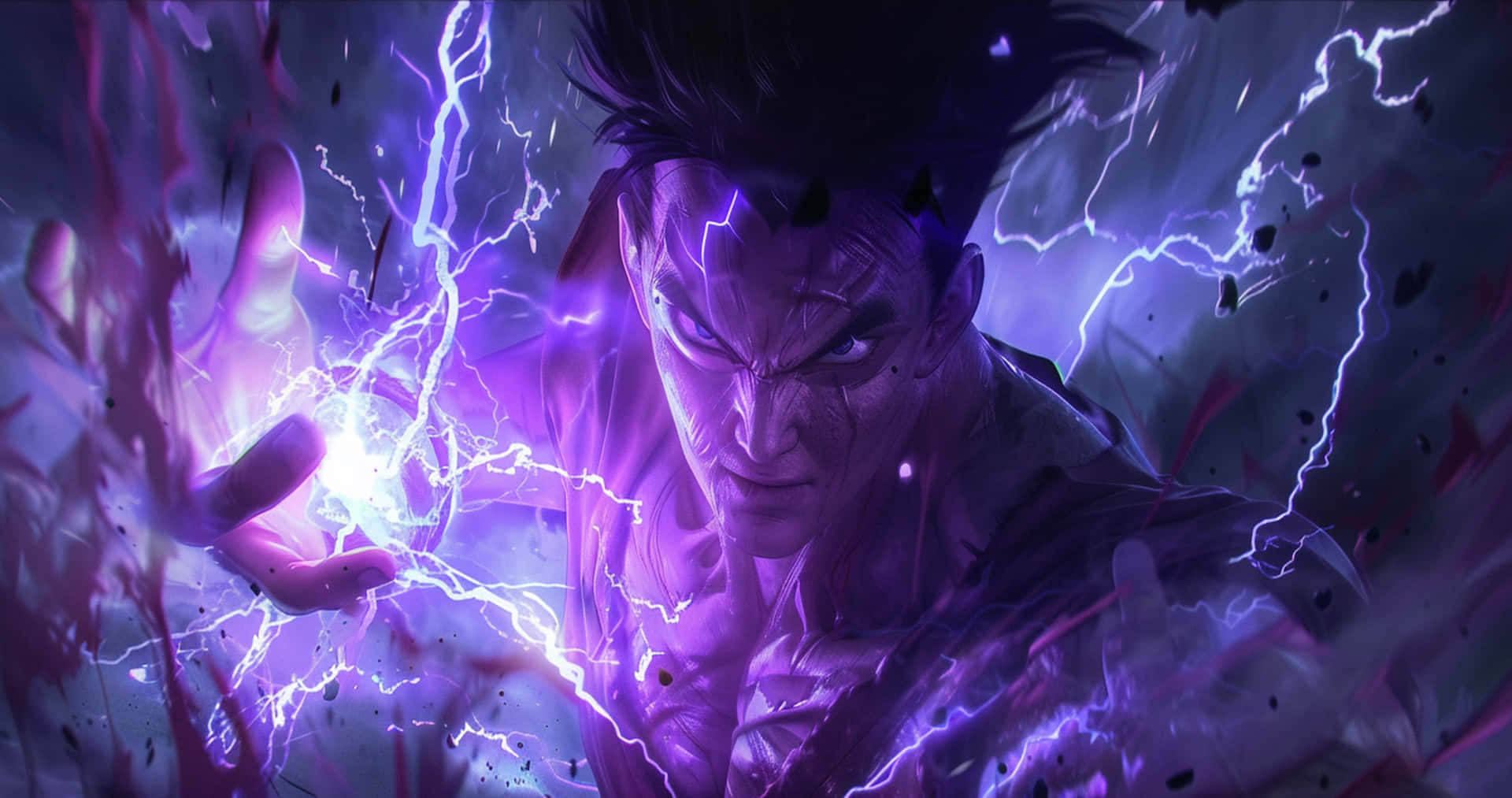  壁紙 — 一位兇猛的動漫戰士在暴風雨般的黑暗背景下，從手中釋放出噼啪作響的紫色閃電。