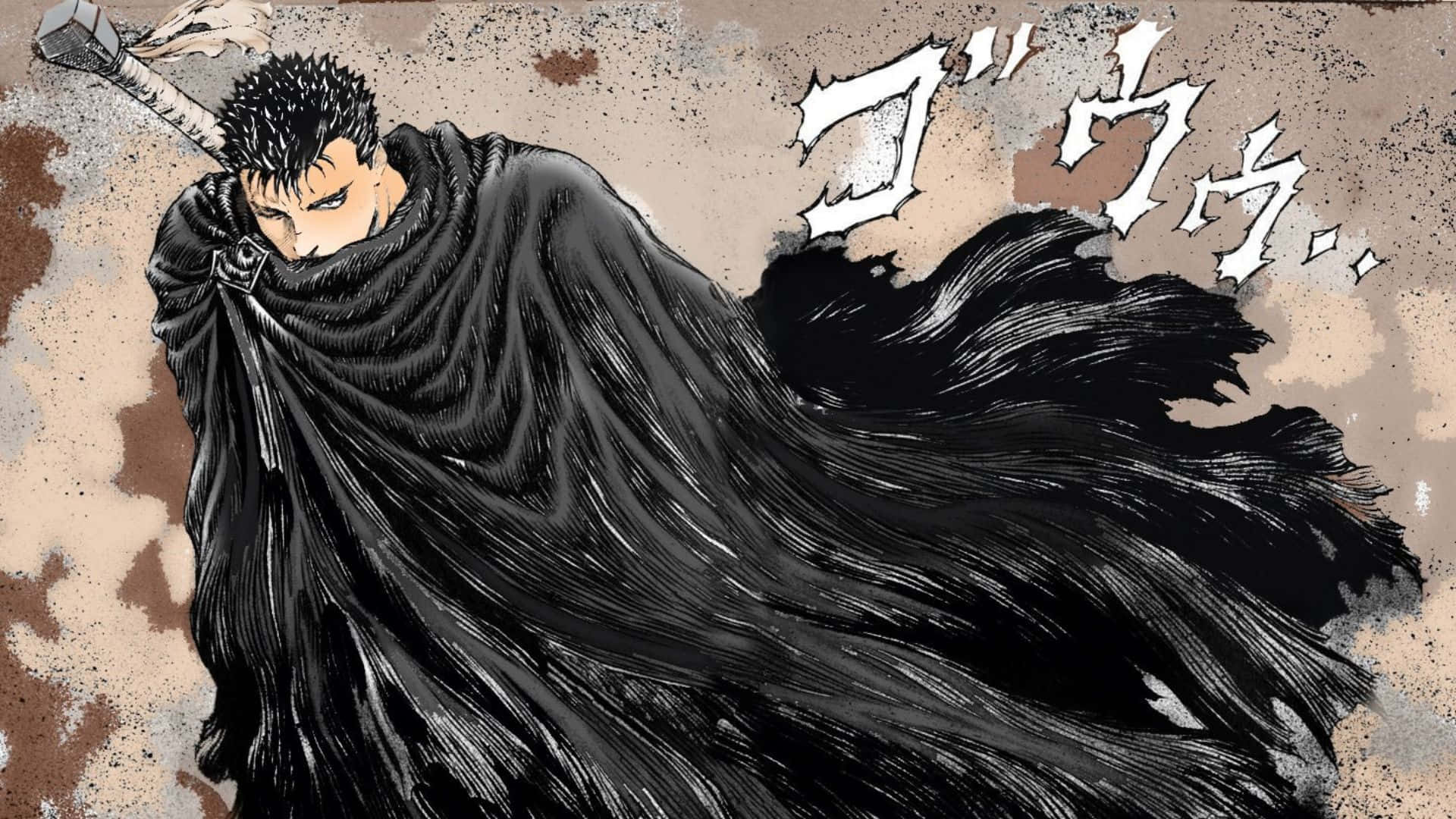  壁紙 — 一位兇猛的動漫戰士身穿飄逸的黑色斗篷，在粗糙紋理背景和擬聲詞的襯托下緊握著劍。
