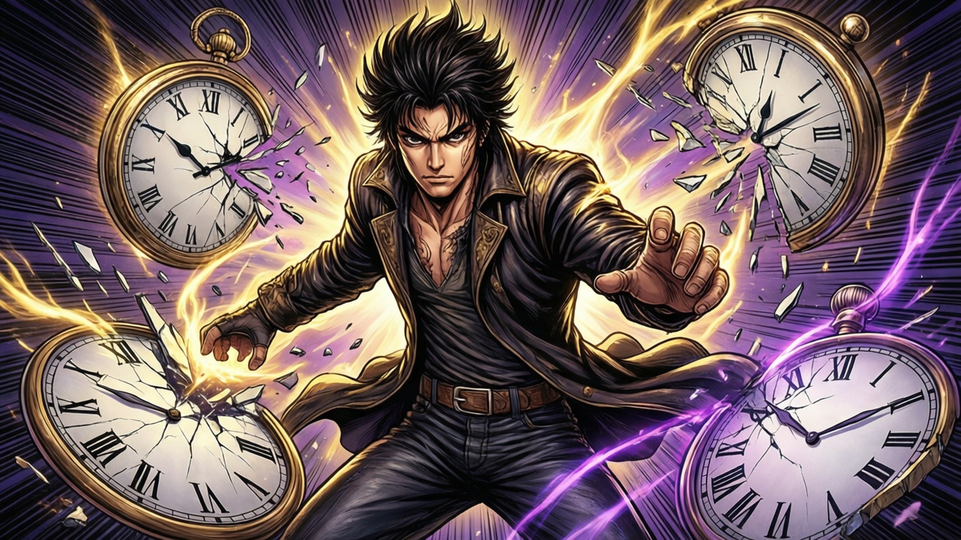 Dio Brando 桌布 壁紙 — 一位兇猛的動畫戰士用發光的能量打碎金色懷錶，產生動態的紫色和金色爆炸。