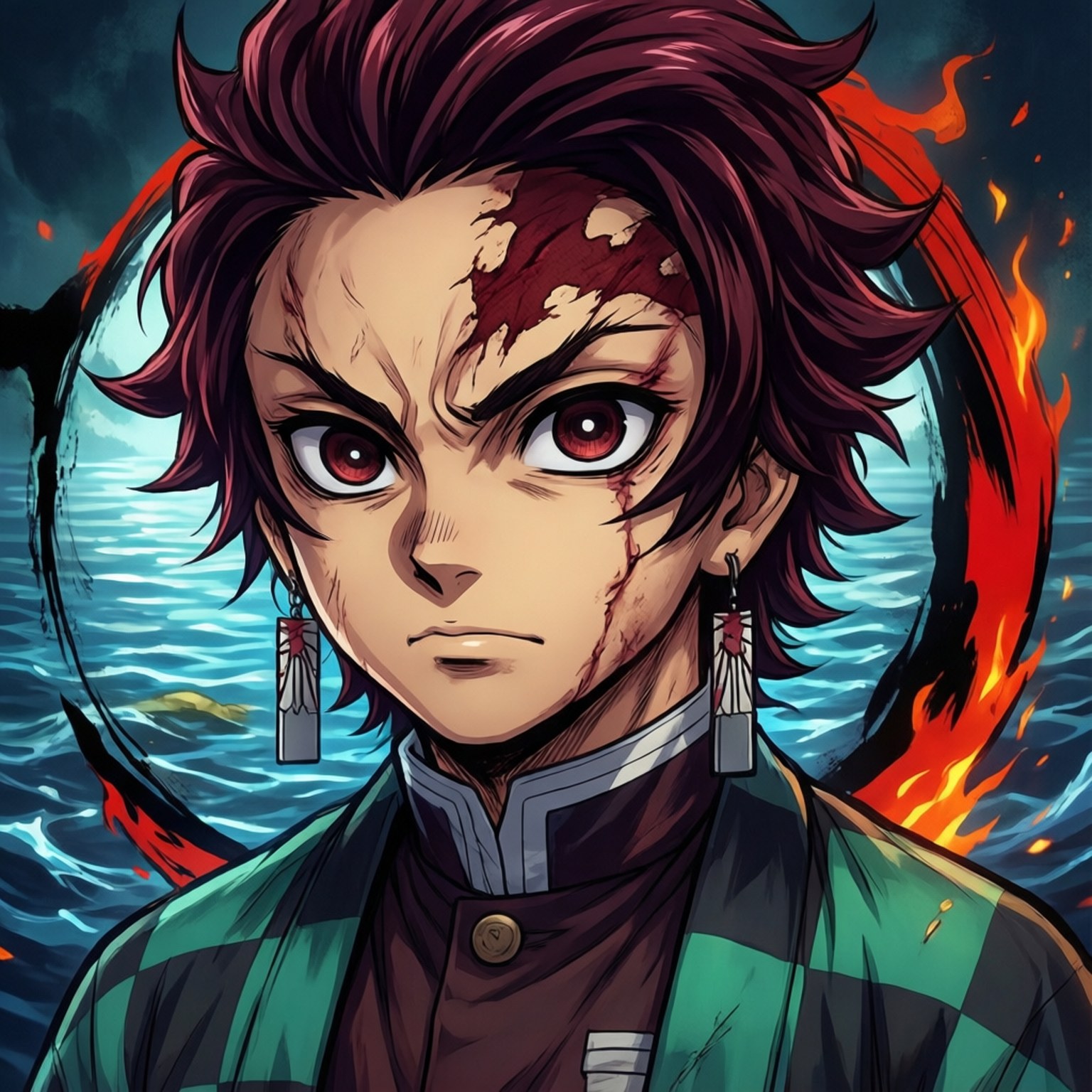 anime profile 桌布 壁紙 — 一位兇猛的動漫戰士，擁有深紅色的頭髮和血跡斑斑的臉龐，在旋轉的海洋和火焰背景下強烈凝視。