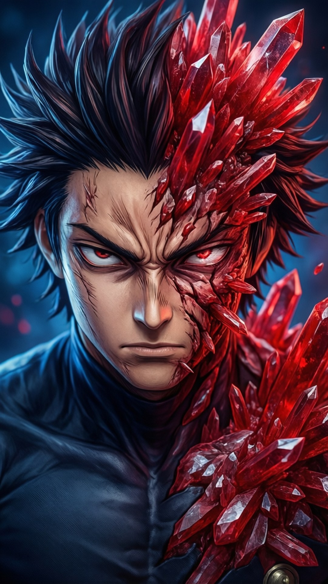 Unbreakable Gaze 壁紙 — 一個兇猛的動漫戰士，半邊臉和頭髮變成了鋸齒狀的紅色水晶，背景是深藍色。