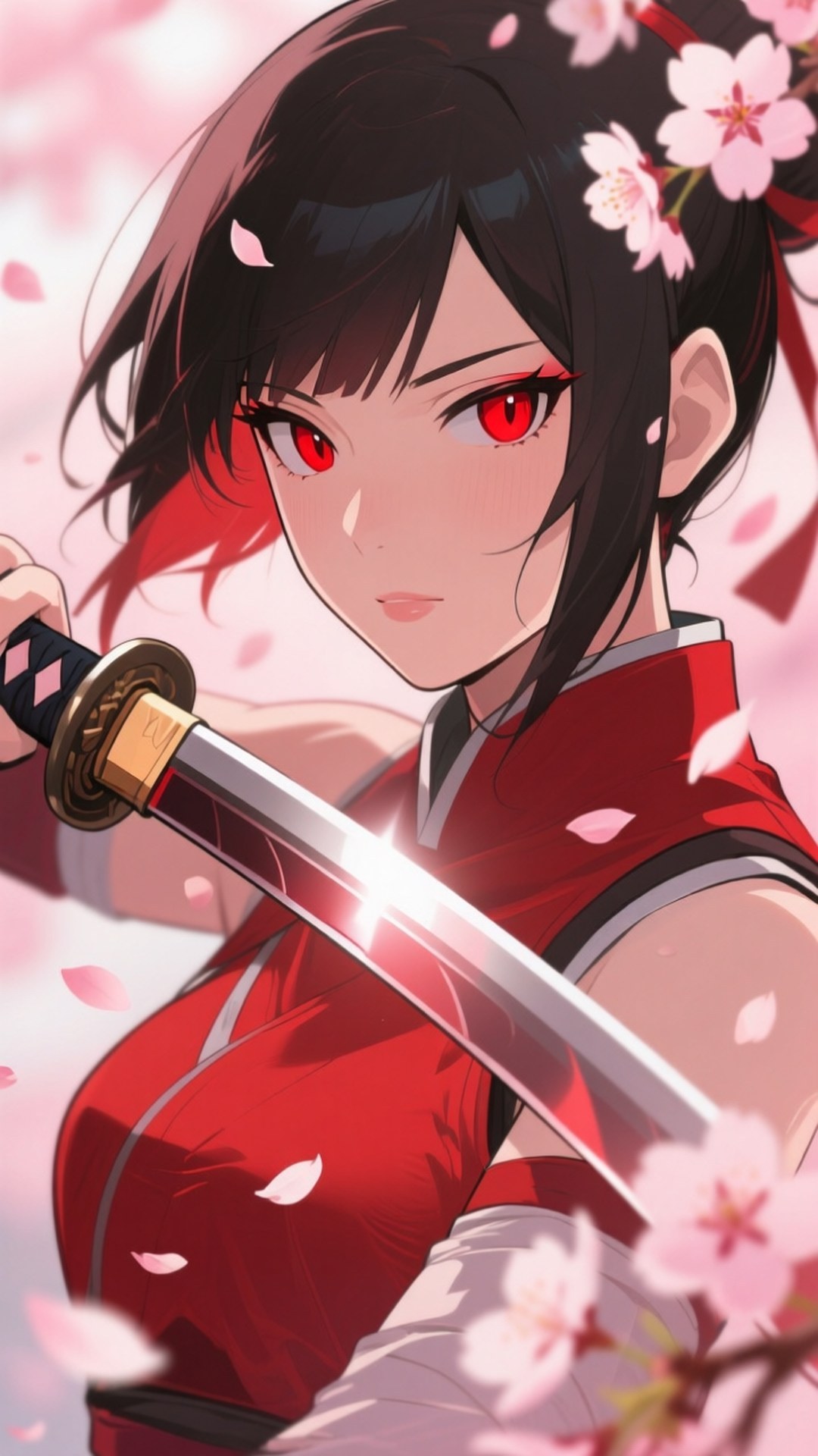 Kunoichi Cherry Blossom 壁紙 — 一位兇猛的動漫戰士，紅眼黑髮，在飄落的櫻花中握著閃亮的武士刀。