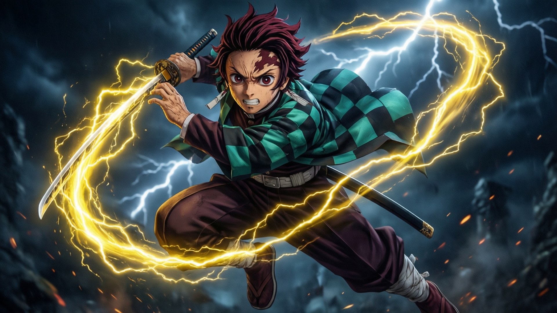 Mid-Air Slash Zenitsu 壁紙 — 一位紅髮、戴著綠色格紋圍巾的兇猛動漫戰士，揮舞著一把閃爍金色閃電的劍，劃破暴風雨的天空。