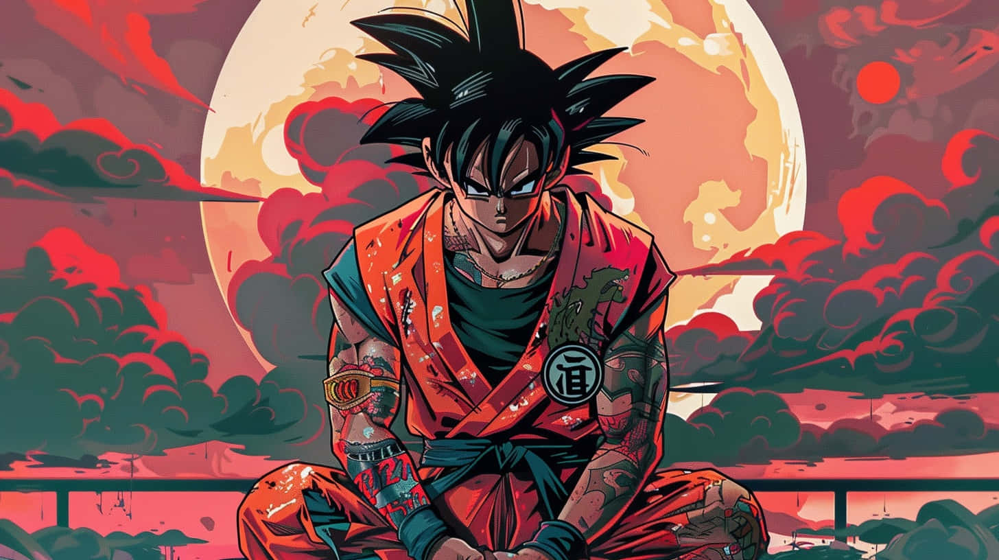  壁紙 — 一位兇猛的動漫戰士，有著刺蝟般的黑髮，盤腿坐在一個被旋轉雲層包圍的發光紅月亮前。