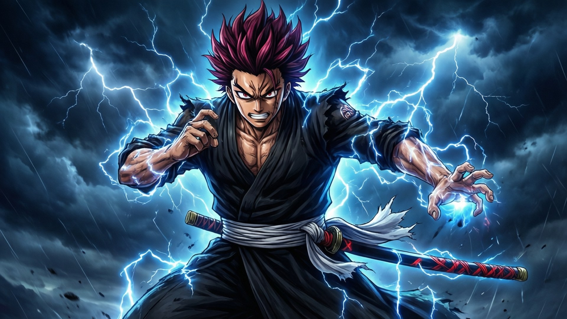 Lightning Strike Bankai 壁紙 — 一個兇猛的動漫戰士，擁有尖刺的洋紅色頭髮，在暴風雨的天空下通過拳頭引導藍色閃電。