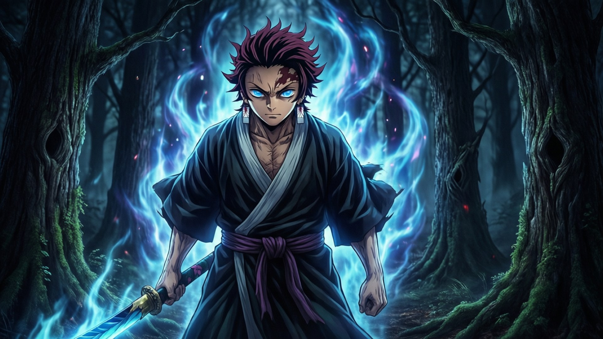 Forest Night Bankai 壁紙 — 一個兇猛的動漫戰士，有著尖刺的紅髮和發光的藍眼睛，站在黑暗的森林中，揮舞著一把被旋轉藍色能量包圍的劍。