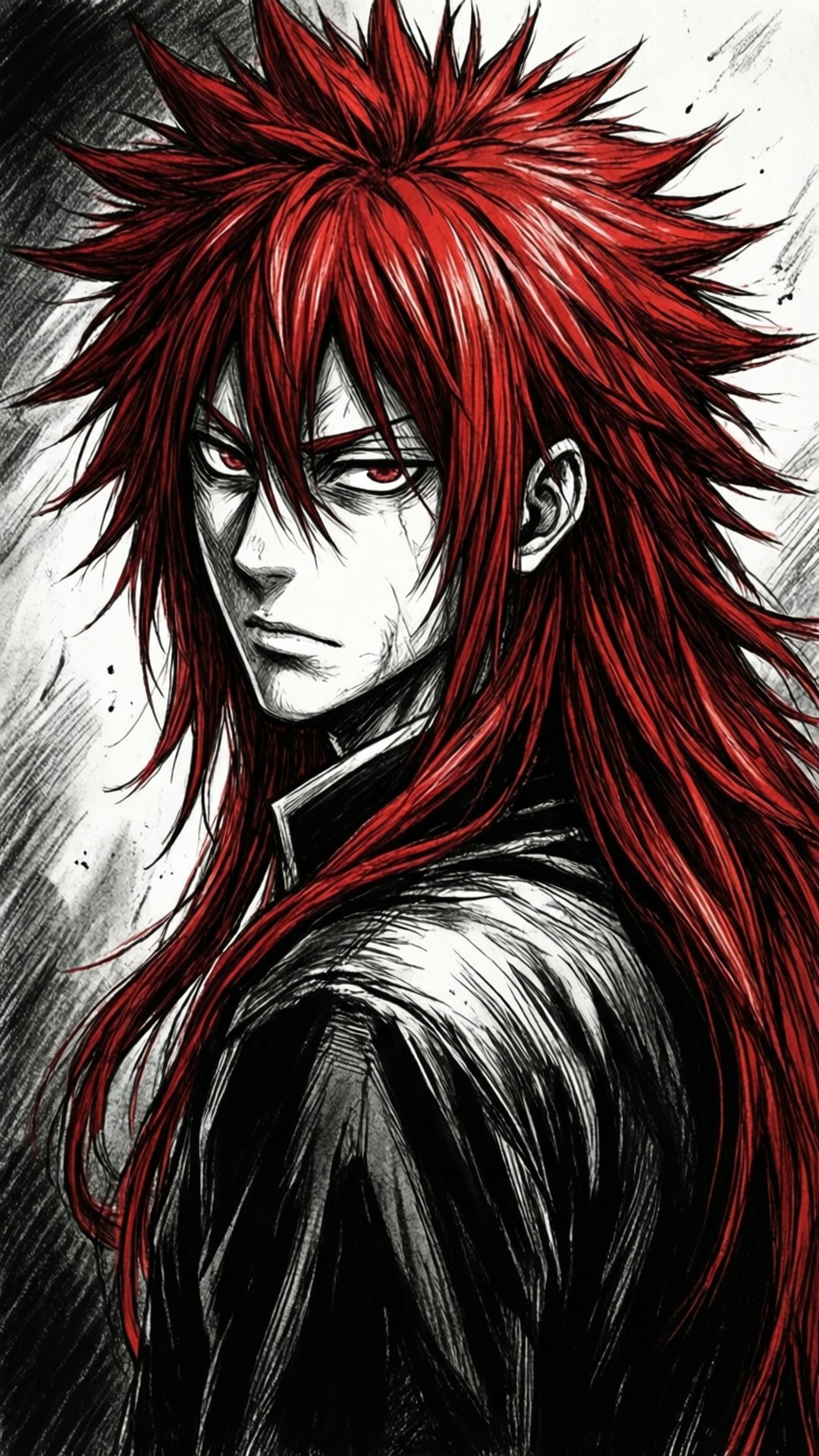 Hair Down Gaze 壁紙 — 一個兇猛的動漫戰士，有著尖刺的紅髮和發光的紅眼睛，在粗糙的黑白背景下凝視著。