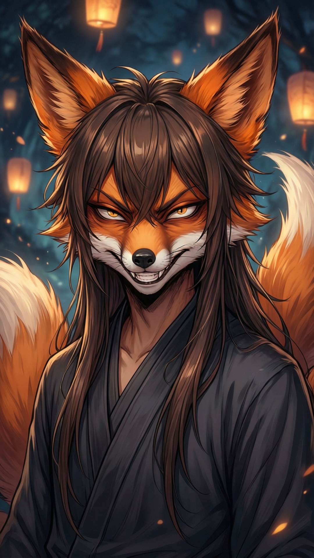 Fox Spirit Trickster 壁紙 — 一隻兇猛擬人化的狐狸，長著棕色長髮和發光的琥珀色眼睛，在神秘的夜景中穿著深色長袍，漂浮的燈籠下。