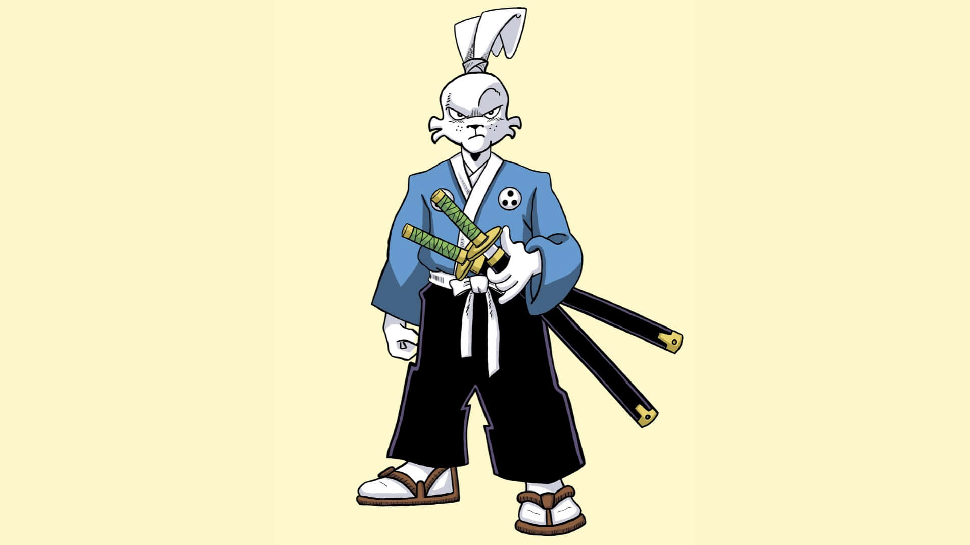  壁紙 — 一隻兇猛的擬人化兔子武士身穿藍色和服，在淡黃色背景上手持兩把劍。
