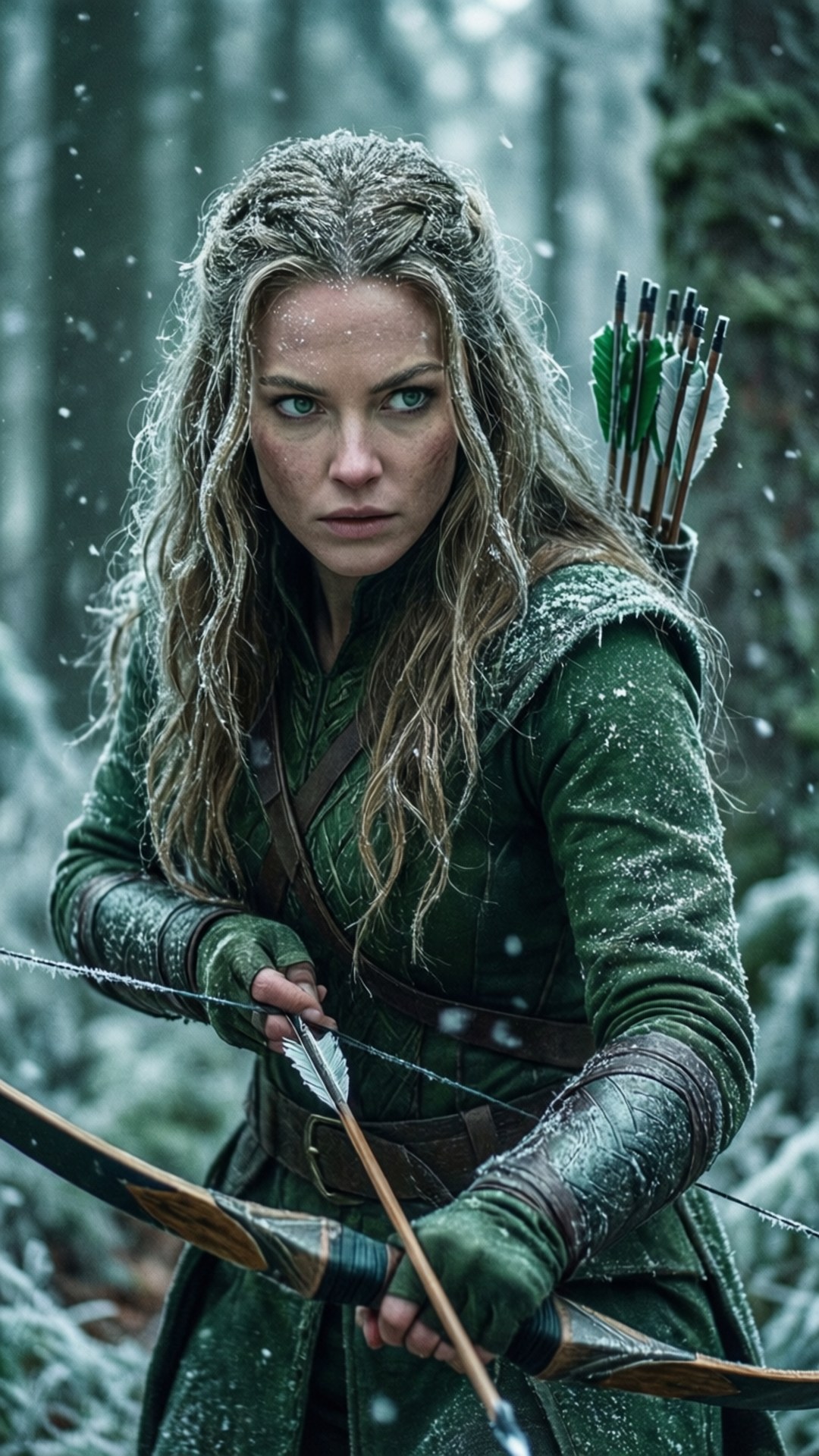 Lady Sif 桌布 壁紙 — 一位辮子頭髮、身穿沾雪綠色盔甲的兇猛女弓箭手，站在雪地森林中手持弓箭。